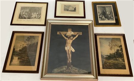 Lotto di sei incisioni e stampe a diverso soggetto. In cornici (difetti)