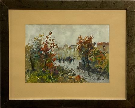 Eugenio Magno "Scorcio di città" acquerello su carta (cm 25x35) firmato in basso