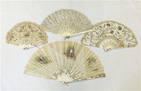Arte del secolo XIX. Lotto di quattro ventagli con stecche in avorio inciso e d
