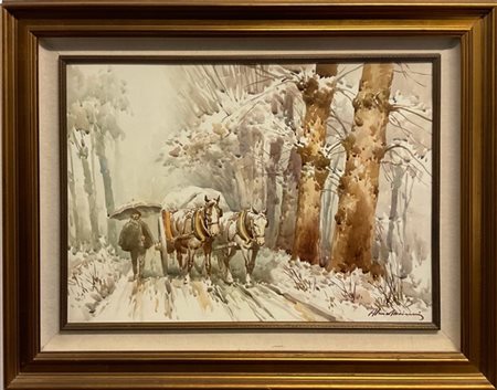 Alviero Mairani "Paesaggio invernale con carrozza" acquerello su carta (cm 50x70