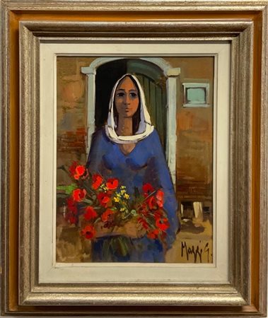 Maggi Giampietro "Figura femminile con fiori" olio su tela (cm 39x29) firmato in