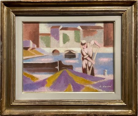 Attilio Rossi "Barcaiolo della Darsena" 1981, olio su tela (cm 28x36) firmato in