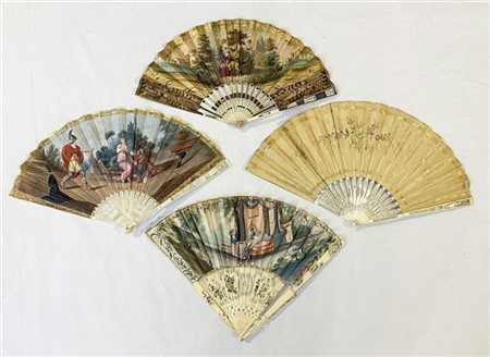 Arte del secolo XIX. Lotto di quattro ventagli con stecche in avorio inciso, tr