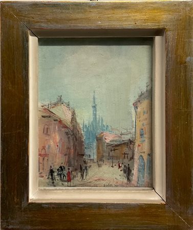 Aldo Cortina "Milano, via Laghetto" 1974, olio su tela (cm 24,5x19) firmato in b