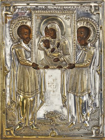 Arte russa del secolo XIX. Icona a tempera su tavola raffiguranti i Santi Cosma