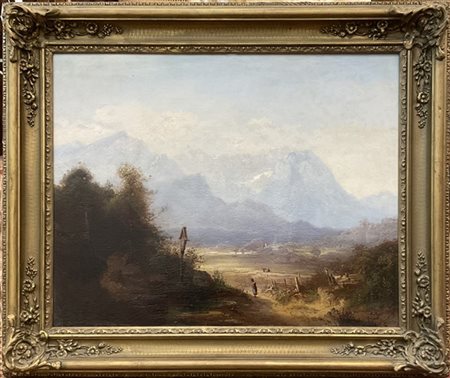 Ignoto tedesco del secolo XIX

"Scorcio montano con figura in preghiera" 
olio