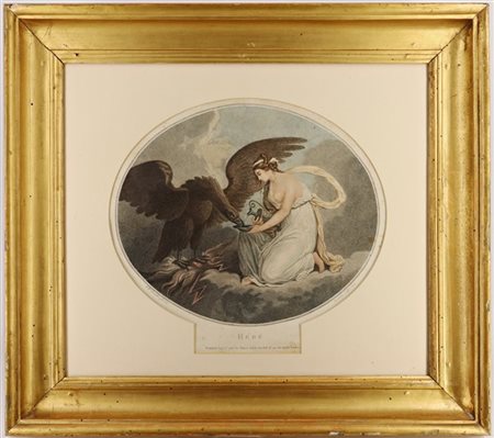 Incisione acquerellata raffigurante Ebe e l'aquila di Giove. Secolo XVIII (cm 3