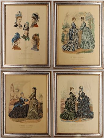 Gruppo di quattro litografie a colori raffiguranti illustrazioni di moda (cm 37