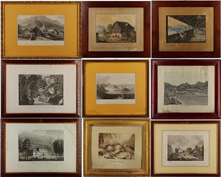Lotto di nove stampe di soggetto, epoca e dimensioni differenti raffiguranti pa