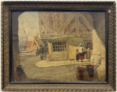 Scuola inglese del secolo XIX Villaggio portuale, olio su tavoletta di rovere,