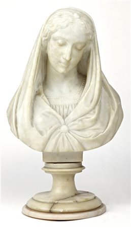 Scultore del secolo XIX. Mezzobusto della Vergine, scultura in alabastro poggia