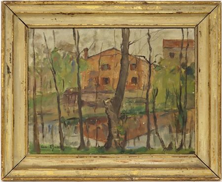 Carlo Cherubini "Scorcio lacustre con alberi e case" 
olio su tela (cm 45x58)
Fi