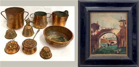 Cartone contenente oggetti per la cucina in rame: un bacile, un paiolo, due pen