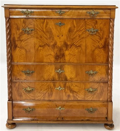 Secretaire lastronato in radica a quattro cassetti e anta ribaltabile celante v