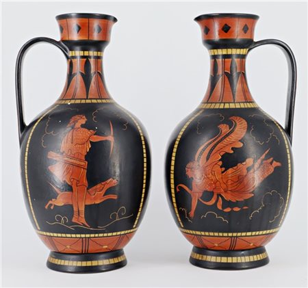 Manifattura di Deruta, secolo XX. Coppia di versatoi di gusto archeologico in t