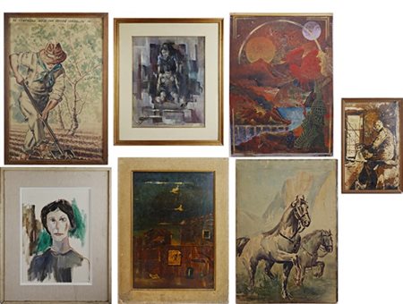 Lotto composto da due oli su tela, tre tecniche miste su carta, un olio su vetr