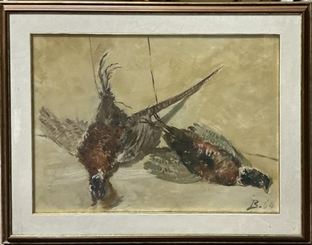 Ignoto "Cacciagione con fagiani" 1964, olio su tela (cm 70x93) siglato B. e dat