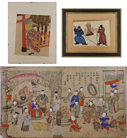 Manifattura orientale. Lotto composto da un disegno a colori raffigurante due p