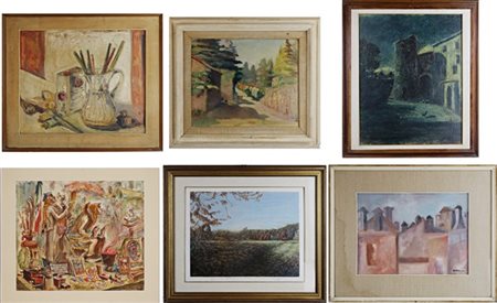 Lotto composto da due oli su tela, due su compensato e due su carta raffigurant