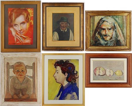 Cartone contenente tre tecniche miste su carta, uni olio su tela e due su compe