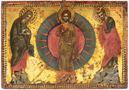  
Icona greca raffigurante la Trasfigurazione di Cristo Fine XVII - inizio XVIII secolo
 Altezza x larghezza x profondità: 26 x 37,5 x 3 cm.