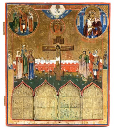  
Icona russa con narrazioni religiose e icona da viaggio XIX secolo
 Altezza x larghezza x profondità: 55 x 46 x 3,7 cm.