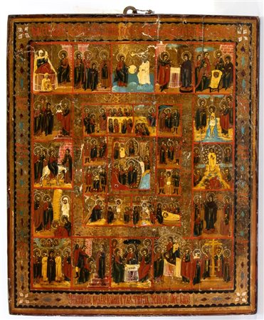  
Icona russa con le Sedici Grandi Feste XIX secolo
 Altezza x larghezza x profondità: 53 x 46 x 3 cm.