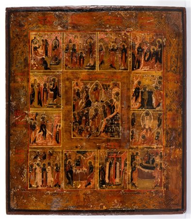  
Icona russa raffigurante le Dodici grandi feste XIX secolo
 Altezza x larghezza x profondità: 36 x 30,5 x 2,5 cm.