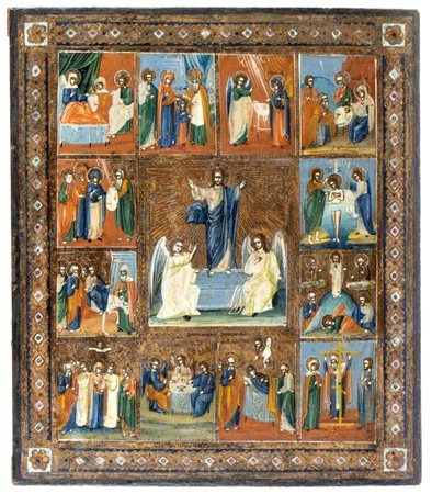  
Icona russa raffigurante le dodici grandi feste XIX secolo
 Altezza x larghezza x profondità: 35,3 x 30,2 x 2 cm.