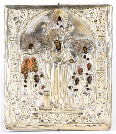  
Icona russa raffigurante la Madre di Dio gioia di tutti gli afflitti XIX secolo
 Altezza x larghezza x profondità: 35,5 x 27 x 3 cm.