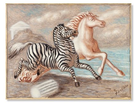 Giorgio De Chirico "Cavallo bianco e zebra in corsa in riva al mare" 1932 circa