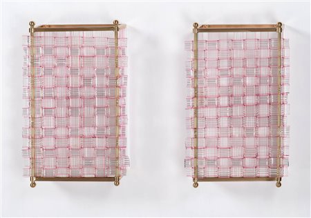 Flavio Poli Coppia di applique;Listelli lineari e ondulari in vetro zigrinato...