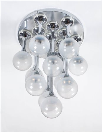 Goffredo Reggiani Lampadario, Anni ‘60;Struttura in acciaio cromato, vetro...