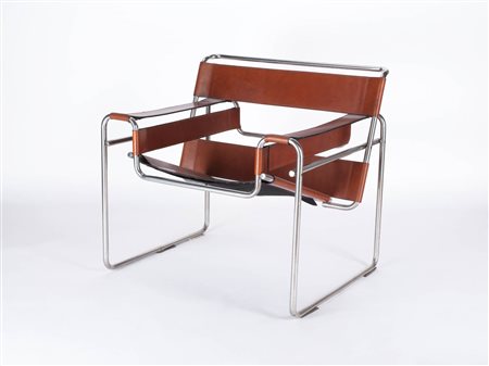 Marcel Breuer Sedia Wassily;Struttura in tubolare e pelle marrone, H. 75 cm,...