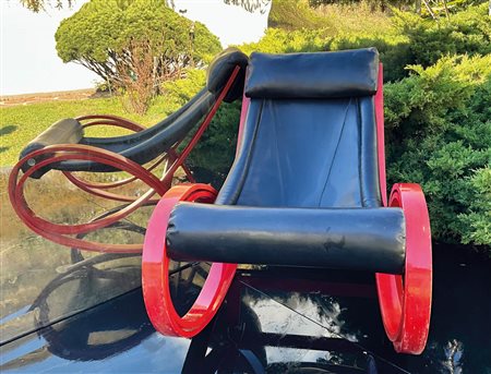 Gae Aulenti Sedia a dondolo Sgarsul, 1962;Legno curvato laccato rosso con...