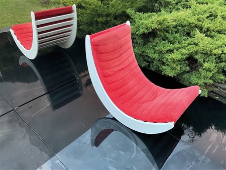 Verner Panton Sedia a dondolo "relaxer 2";Legno laccato bianco, tessuto...