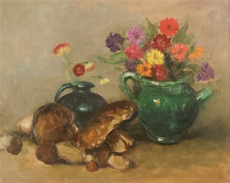 Felice Vellan, Fiori e funghi, 1959, olio su cartone