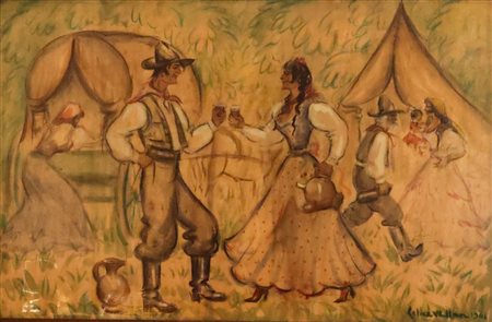 Felice Vellan, Brindisi popolare, 1961, acquerello, tempera e carboncino