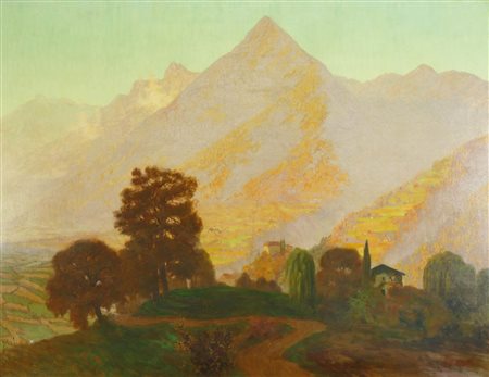 Josef Tscholl (Schlanders/Silandro 1876 - Landeck) Paesaggio con la cima di...