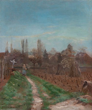 Theodor von Hörmann Imst 1840 - Graz 1895) Scena rurale davanti a paese;Olio...