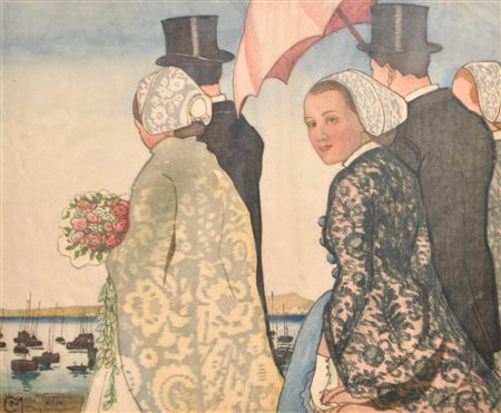 Carl Moser Matrimonio in Bretagna, 1922;Xilografia a colori, 42,5 x 54,5 cm,...