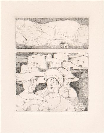 Karl Plattner Paesaggio con personaggi, 1976;Acquaforte, 15 x 13 cm (lastra),...