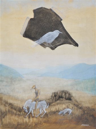 Luis Stefan Stecher (Laas/Lasa 1937) Don Chisciotte;Olio su tavola, 63 x 48,5...