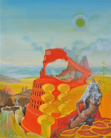 Luis Stefan Stecher (Laas/Lasa 1937) Torre di Babele, 1971;Olio su lastra,...