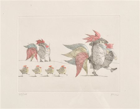 Paul Flora Galli tirolesi con entourage;Acquaforte colorata, 17,5 x 23,5 cm...
