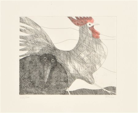 Paul Flora Corvo e gallo;Acquaforte colorata, 19,5 x 24,4 cm (lastra), in...