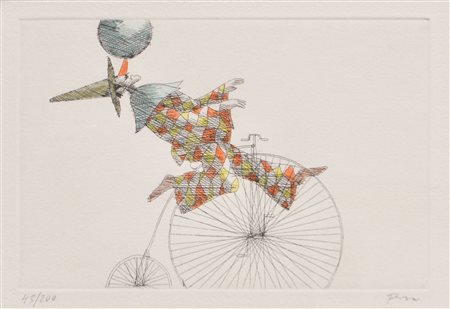 Paul Flora Artista sul biciclo;Acquaforte colorata, 11,5 x 17,3 cm (lastra),...