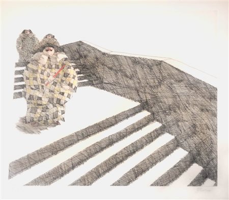 Paul Flora Pagliacci su scala;Acquaforte colorata, 21,5 x 24,5 cm (Lastra),...