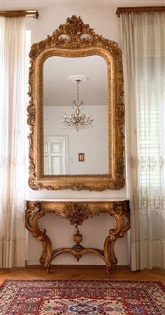 Anonym/Anonimo Specchio neorococò con console;Legno dorato, base in marmo