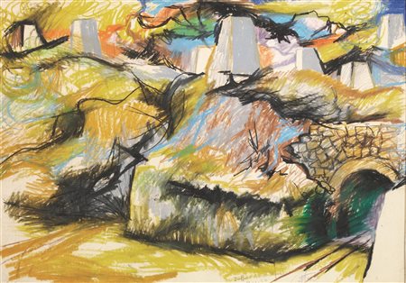 Renato Guttuso(Bagheria 1912 - Roma 1987)PAESAGGIO, ZOLFARApastelli su carta...